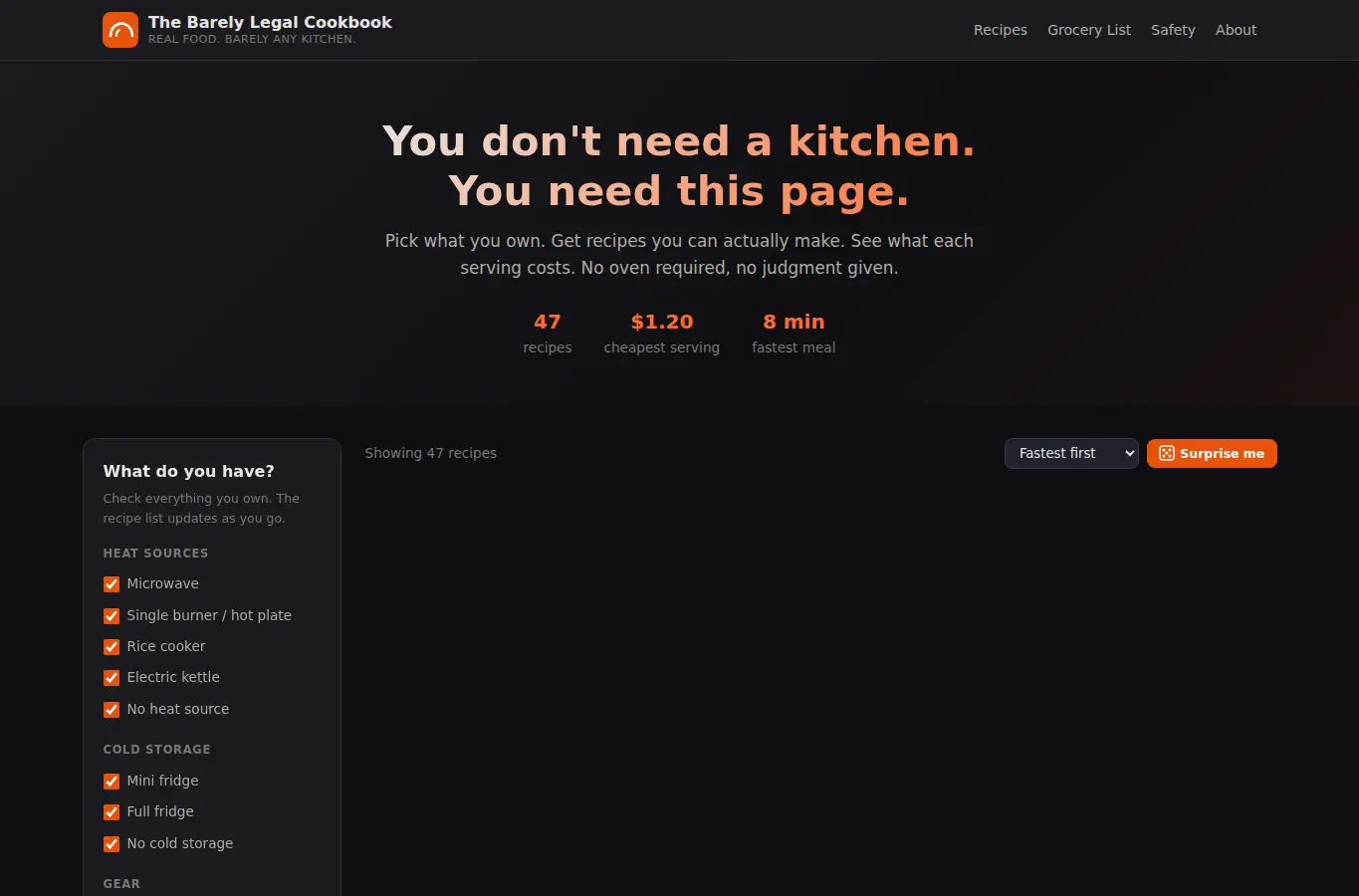Screenshot of The Barely Legal Cookbook interface showing the project page in use